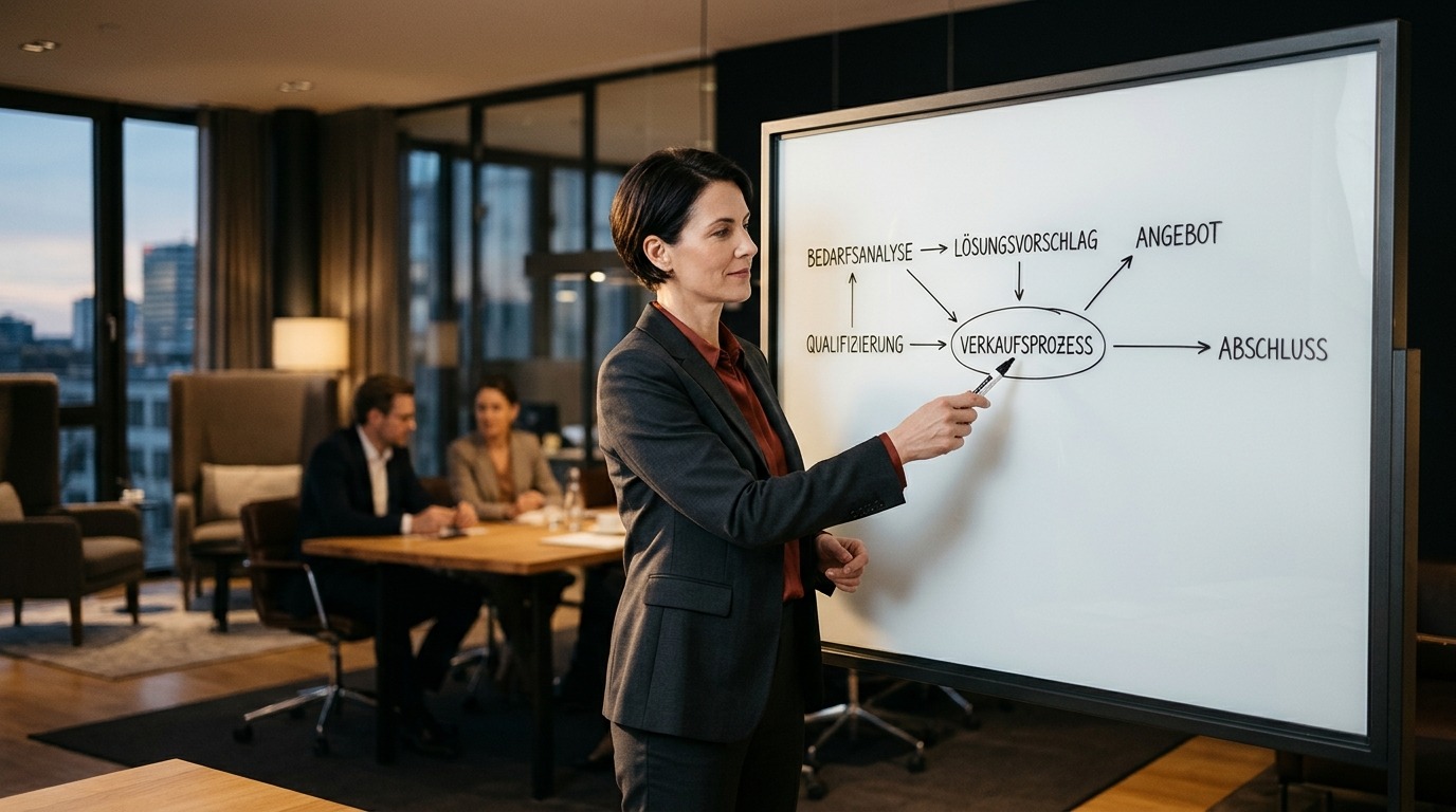 Person erklärt Terminstruktur auf Whiteboard – Reproduzierbarkeit im B2B-Vertrieb Team